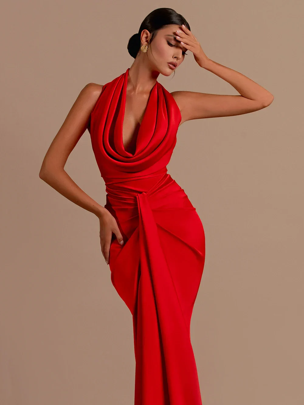 Sexy Backless Sleeveless Halter V-Neck Red Draped Maxi Bodycon Elegant Party Dress - Image 2