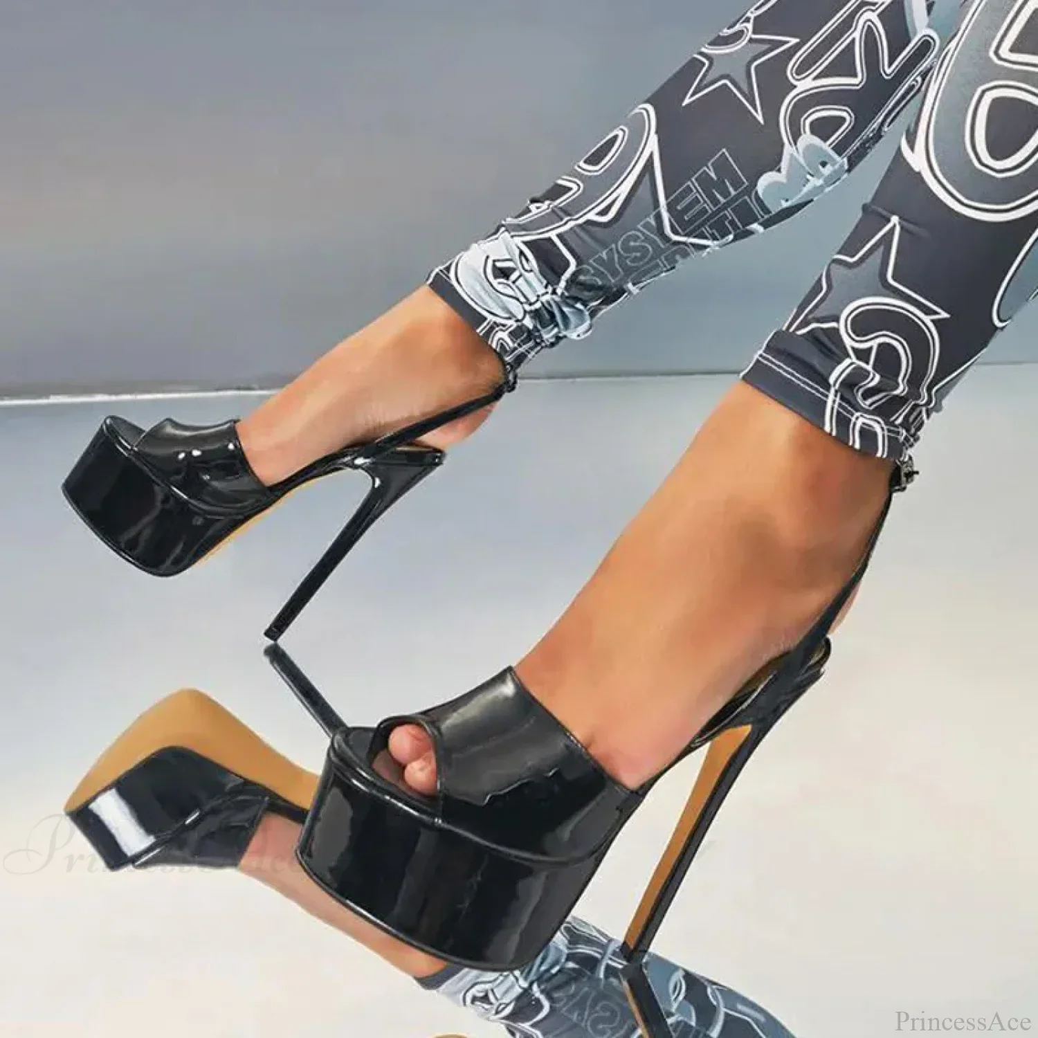 Sexy Black Platform Open Toe Thin Patent LeatherBuckle Strap Stripper Party High Heel - Image 2