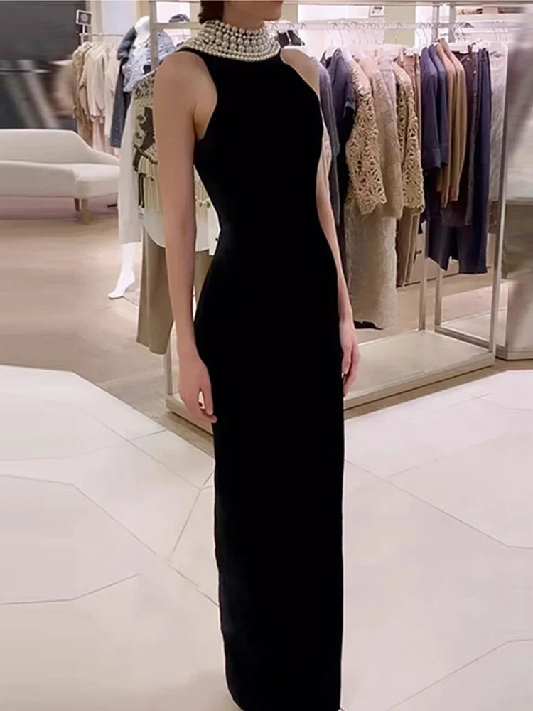 Sexy Black Velvet Halter Neck Pearl Chain Long Dress Maxi Party Dress - Image 4