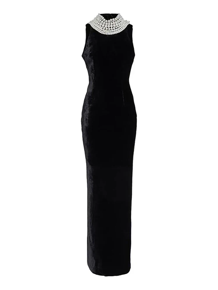 Sexy Black Velvet Halter Neck Pearl Chain Long Dress Maxi Party Dress - Image 7