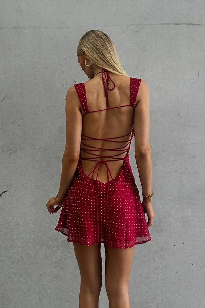 Sexy Chiffon Polka Dot Backless Tie Mini Dress - Image 2
