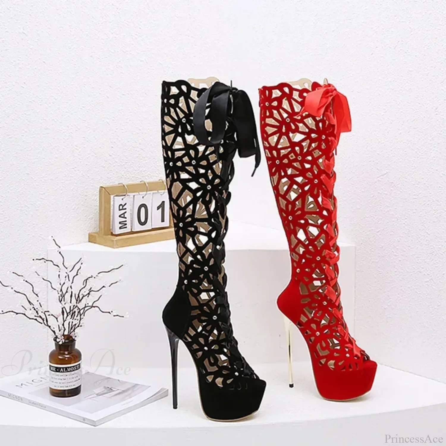 Sexy Club Hollow Out Flock Leather Over The Knee Boots Peep Toe Back Zip 16CM Thin High Heels Sandals High Heel - Image 2