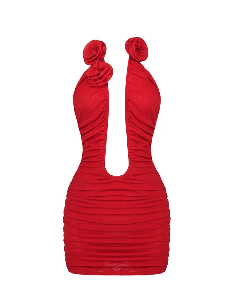 Sexy Deep V Neck 3D Flower Mini Strapless Backless Pleated Party Dress - Image 7