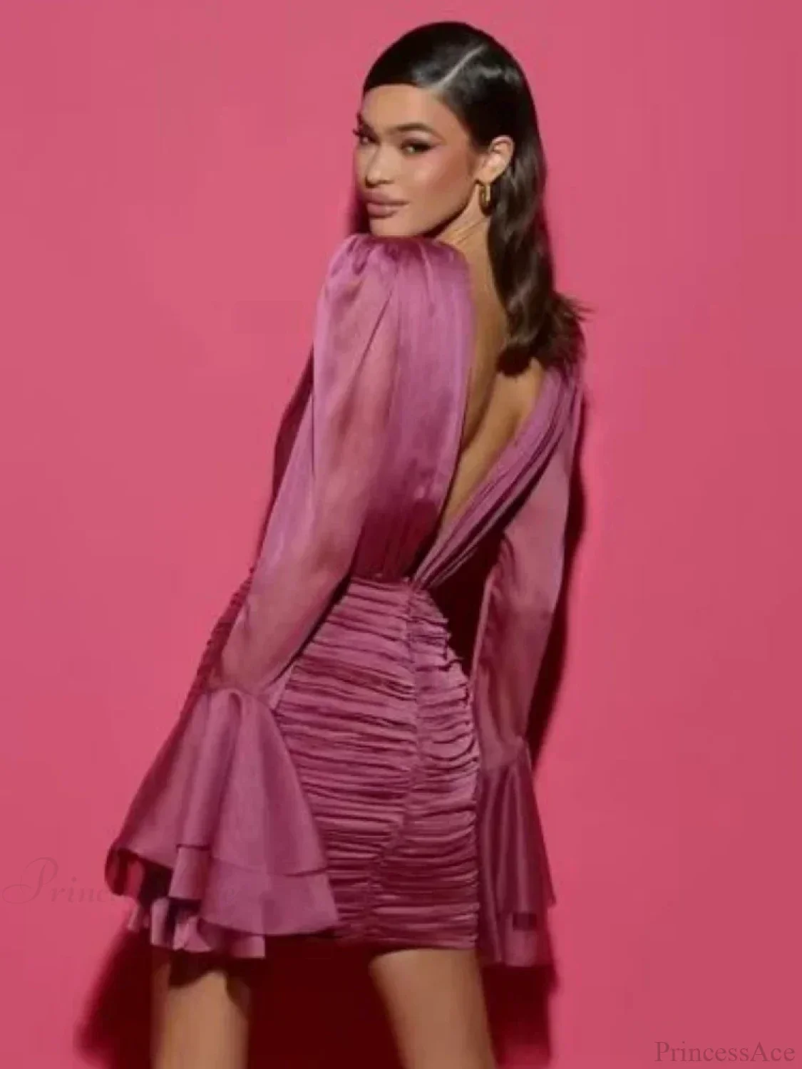 Sexy Deep V Neck Flare Sleeve Pleats Mini Backless Party Dress - Image 2