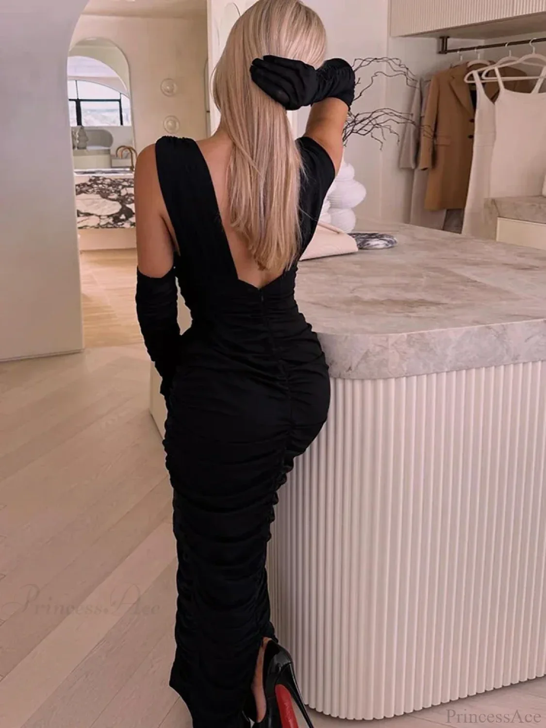 Sexy Deep V Neck Gauze Folds Bandage Black Sleeveless Party Dress - Image 5