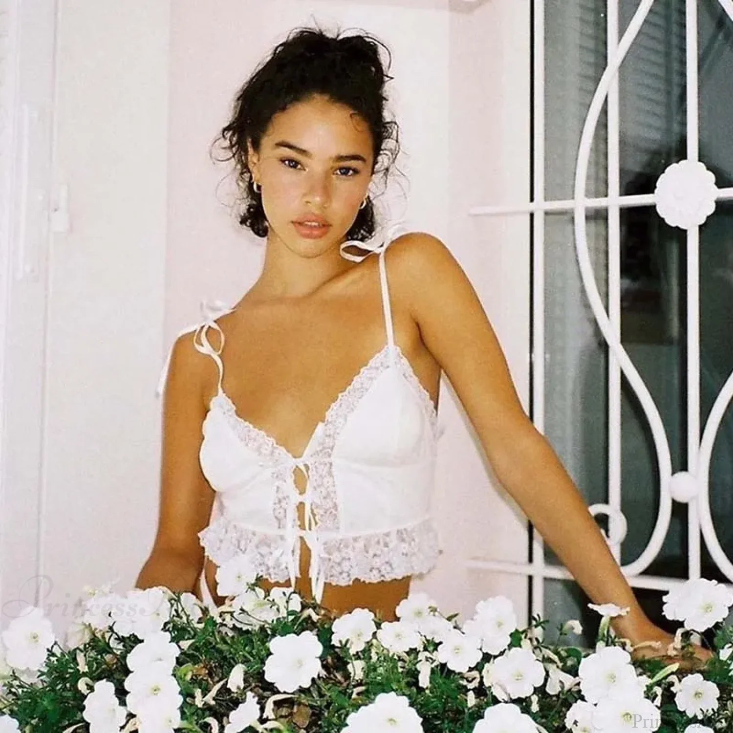 Sexy Deep V-neck Lace Ribbed White Crop Top - Image 2
