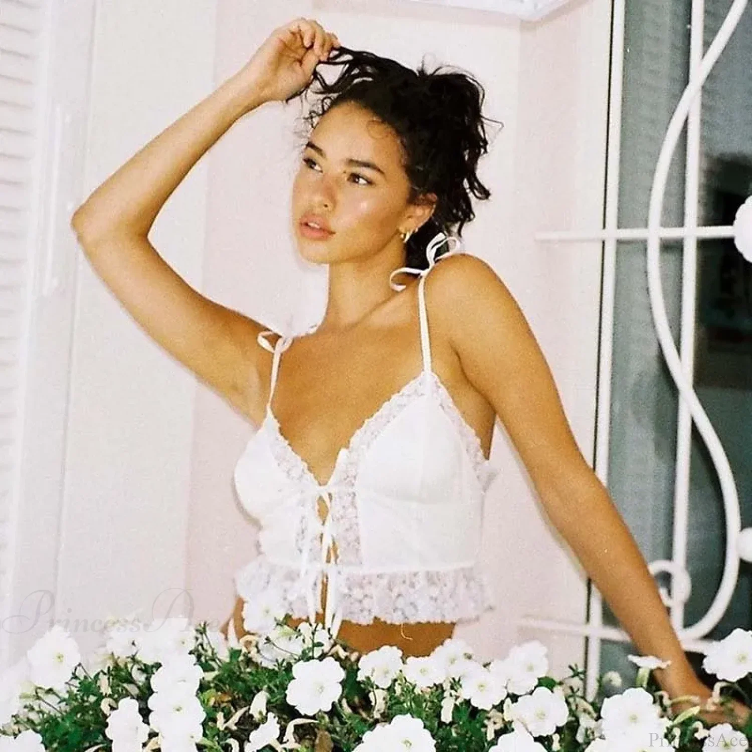 Sexy Deep V-neck Lace Ribbed White Crop Top - Image 3