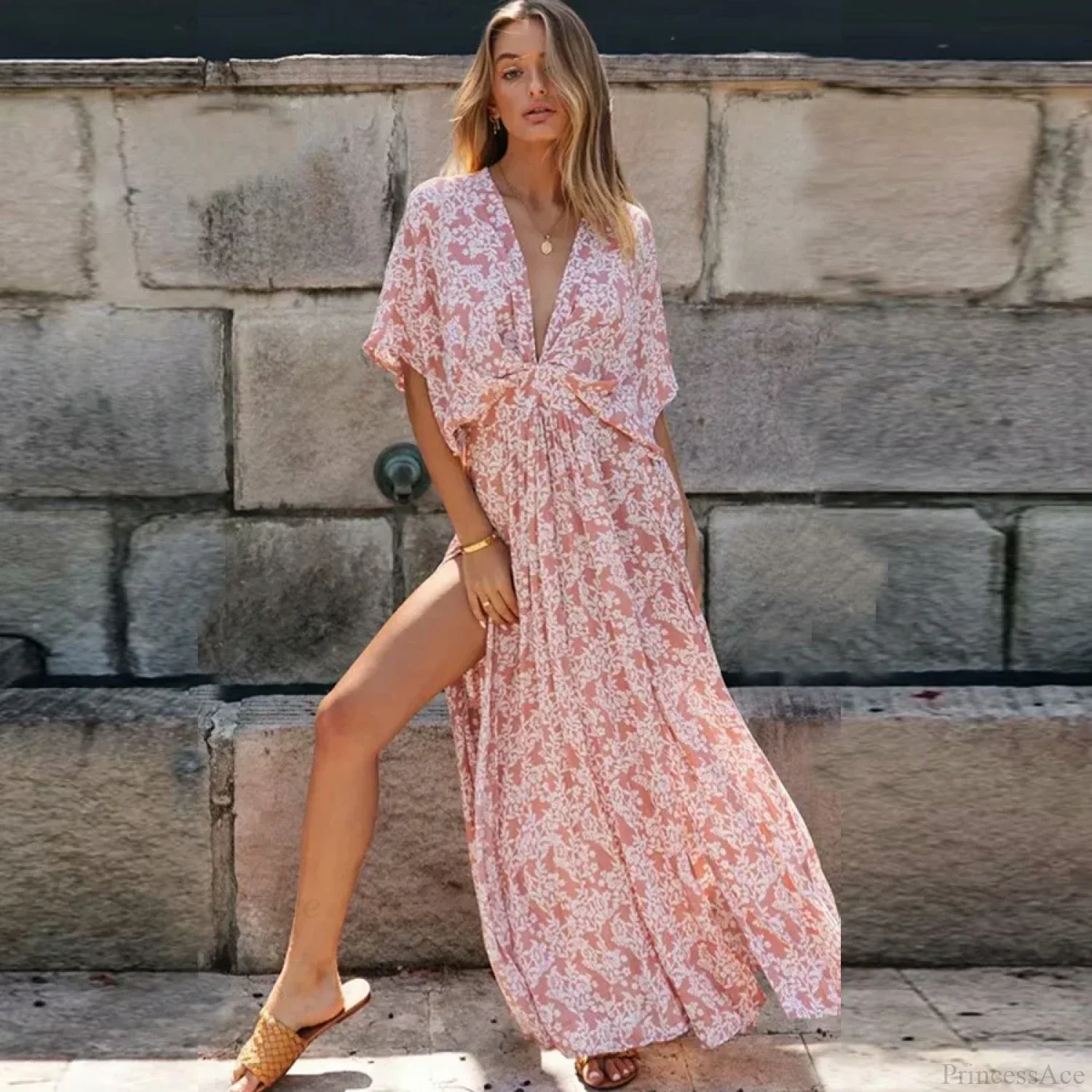 Sexy Deep V-neck Maxi Dress Vintage Floral Print Side Split Boho Dress - Image 4