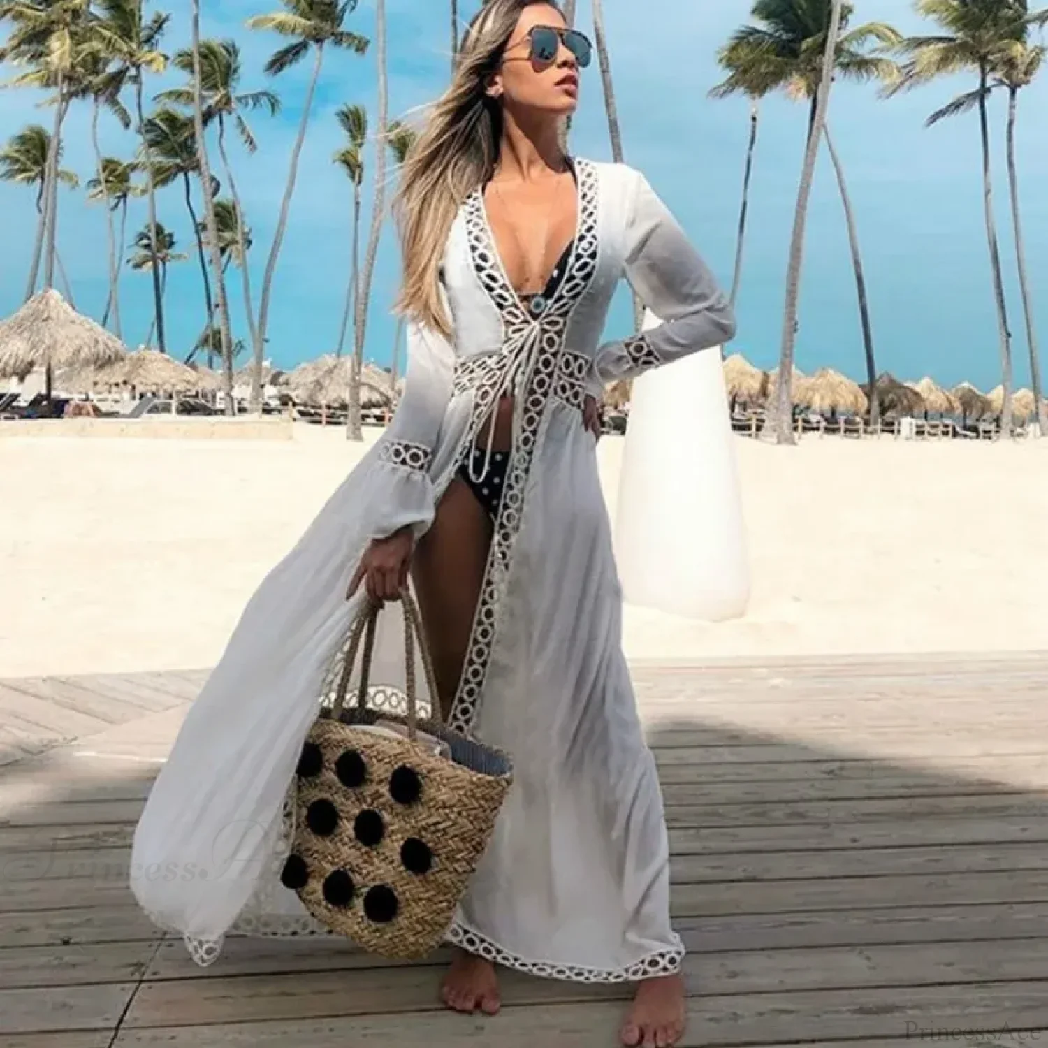 Sexy Deep V-neck White Lace Boho Kimono Bikini Cover up - Image 17