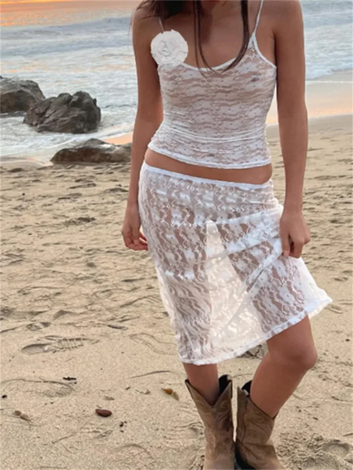 Sexy Floral Lace Strap Tank Camis Crop Top with See-through Long Skirt Set - Image 4