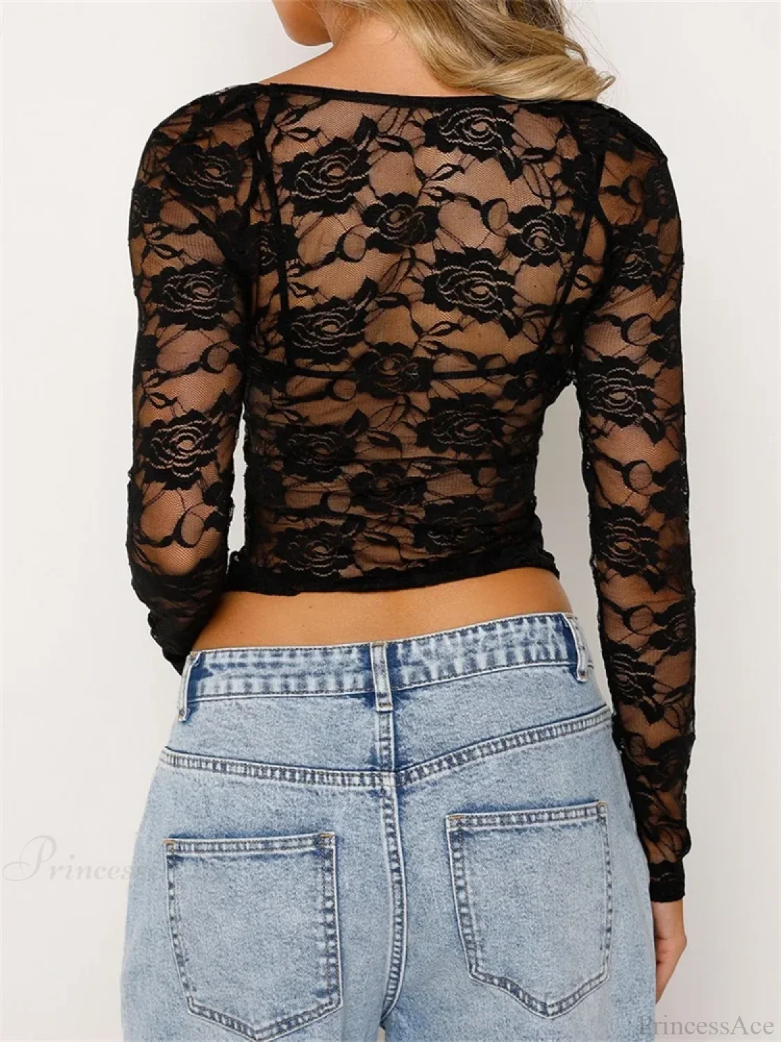 Sexy Floral Mesh Sheer Long Sleeve Crop Top - Image 5