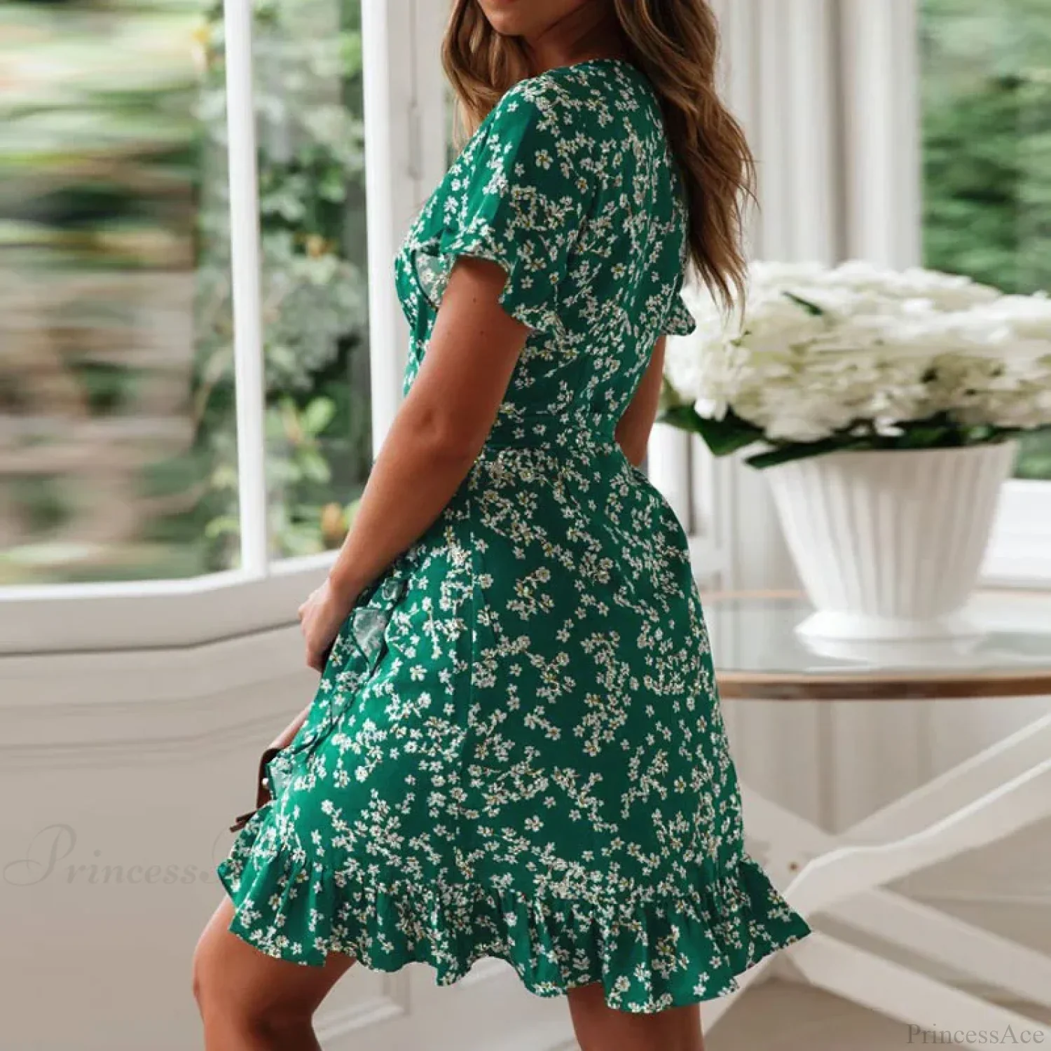 Sexy Floral Print V-neck Chiffon Mini Floral Dress - Image 2