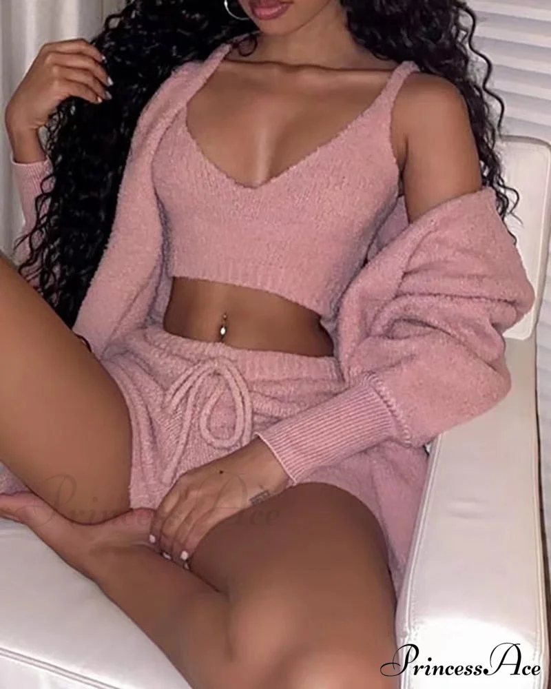 Sexy Fluffy Autumn Piece Sweatshirt Backless Plush Home Sports Women Pyjamas Wear Winter Fleece Outfits Sets 3 Casual Tracksuit