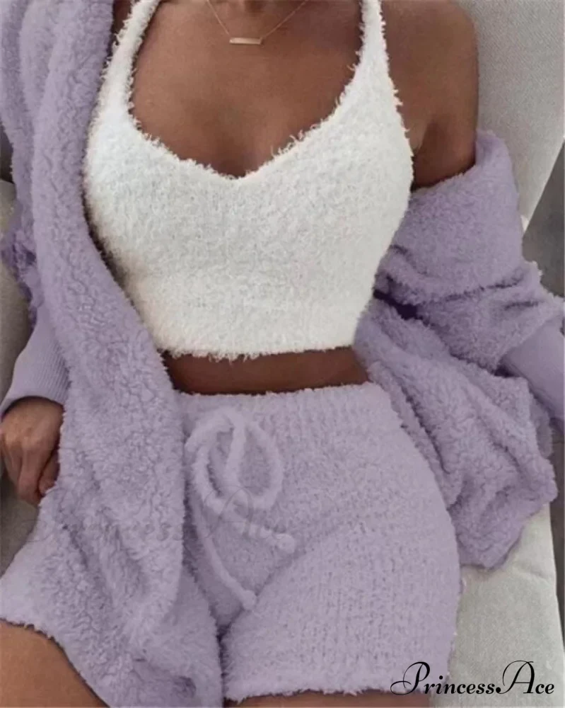 Sexy Fluffy Autumn Piece Sweatshirt Backless Plush Home Sports Women Pyjamas Wear Winter Fleece Outfits Sets 3 Casual Tracksuit - Image 10