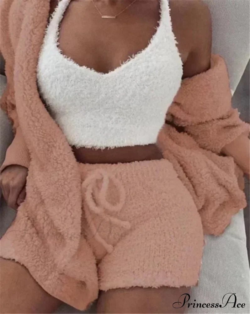 Sexy Fluffy Autumn Piece Sweatshirt Backless Plush Home Sports Women Pyjamas Wear Winter Fleece Outfits Sets 3 Casual Tracksuit - Image 12