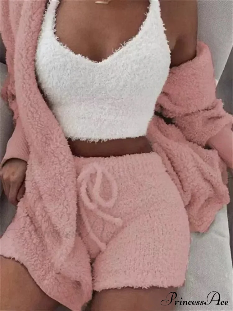 Sexy Fluffy Autumn Piece Sweatshirt Backless Plush Home Sports Women Pyjamas Wear Winter Fleece Outfits Sets 3 Casual Tracksuit - Image 4