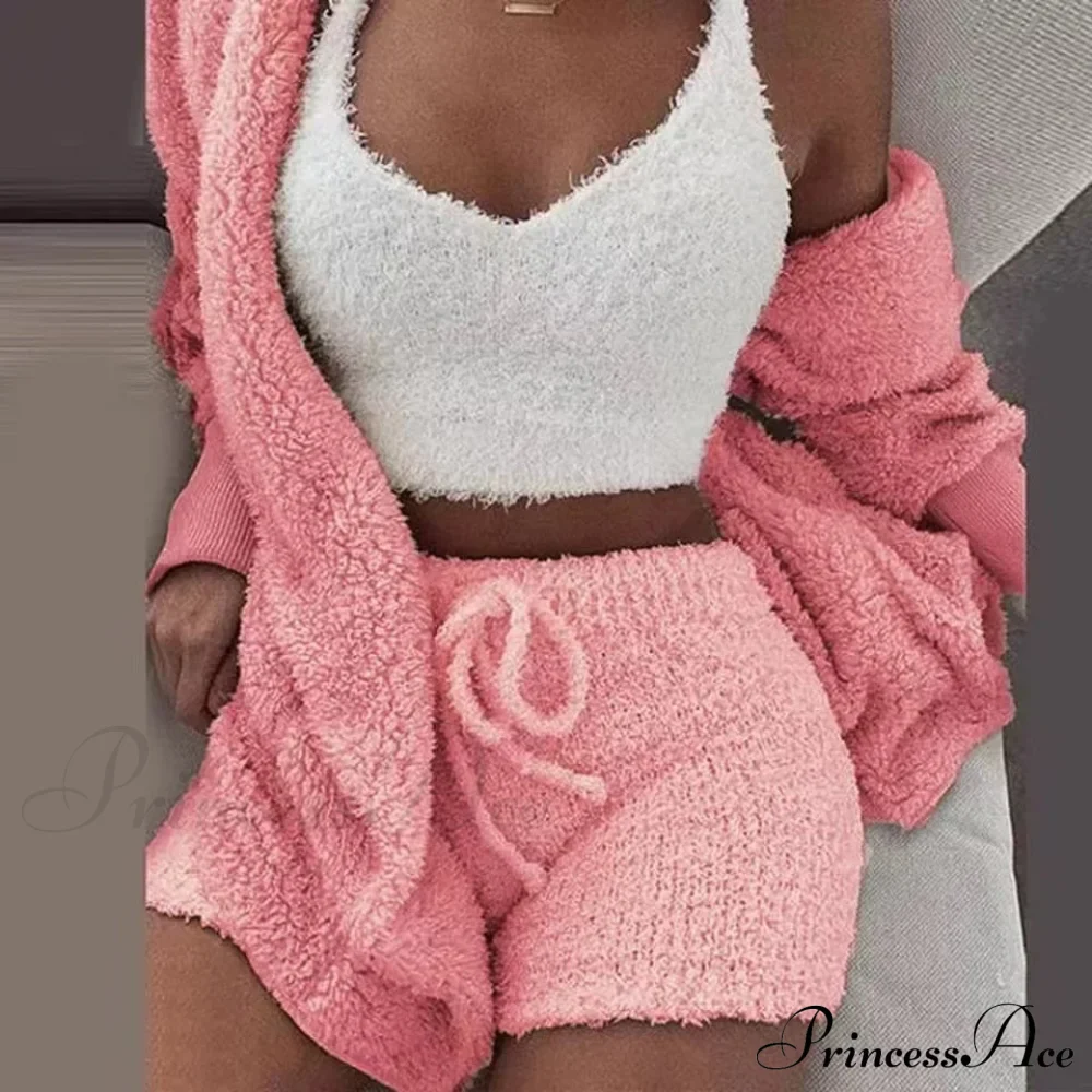Sexy Fluffy Autumn Piece Sweatshirt Backless Plush Home Sports Women Pyjamas Wear Winter Fleece Outfits Sets 3 Casual Tracksuit - Image 7