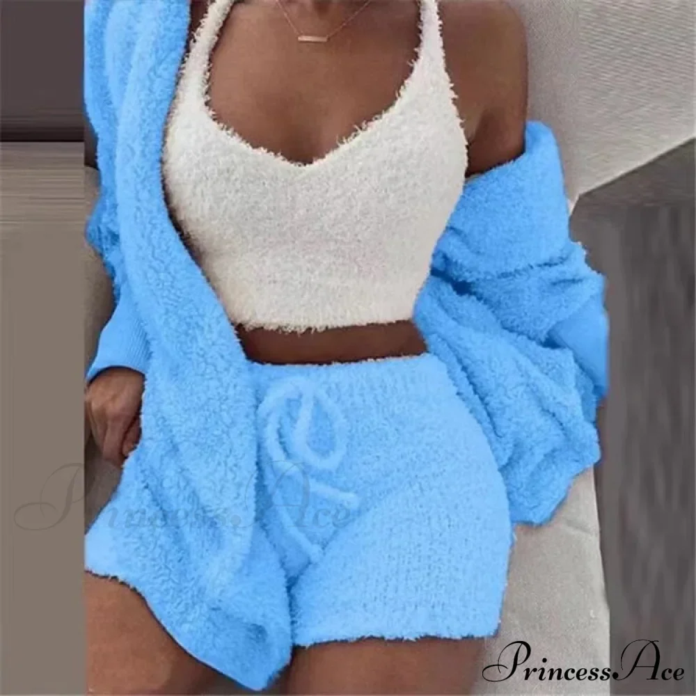 Sexy Fluffy Autumn Piece Sweatshirt Backless Plush Home Sports Women Pyjamas Wear Winter Fleece Outfits Sets 3 Casual Tracksuit - Image 8