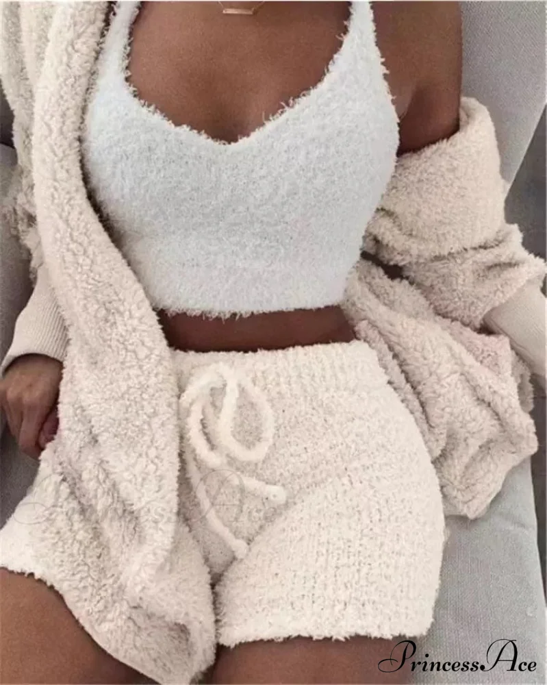 Sexy Fluffy Autumn Piece Sweatshirt Backless Plush Home Sports Women Pyjamas Wear Winter Fleece Outfits Sets 3 Casual Tracksuit - Image 9