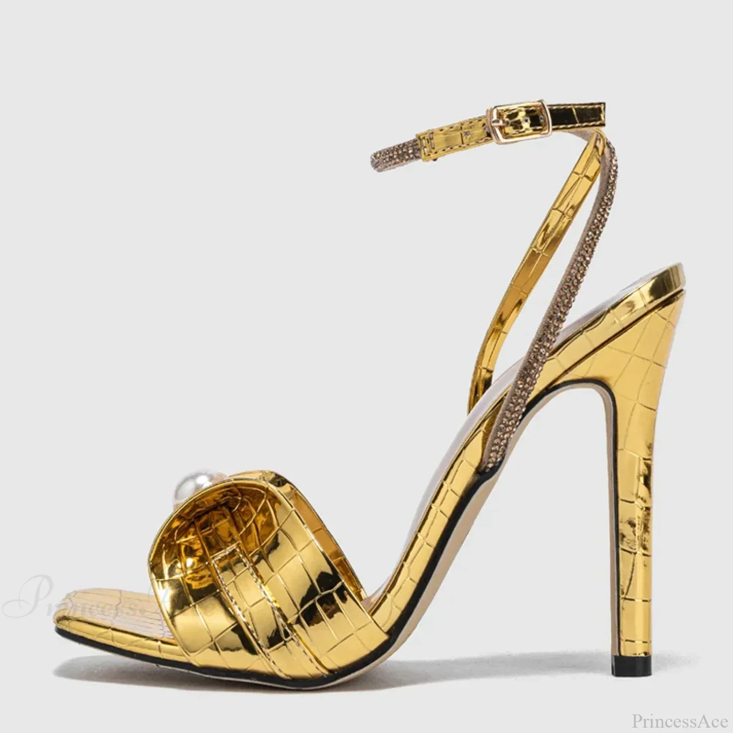 Sexy Gold Snake-Print Leather Square-Toe Crystal Ankle-Strap Sandals Thin Party Dress High Heel - Image 6