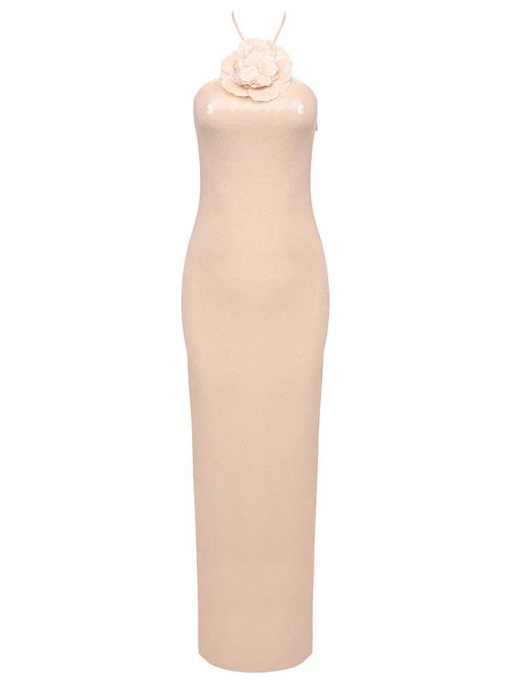 Sexy Halter 3D Flowers Sequins Long Dress Sleeveless Backless Party Dress - Image 7