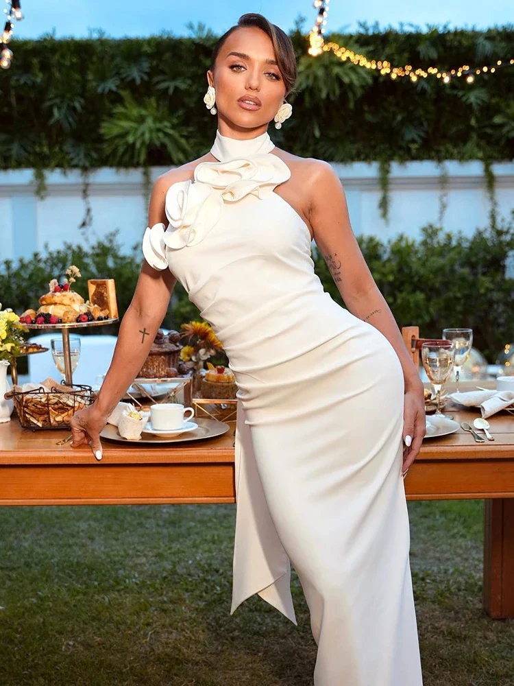 Sexy Halter Backless 3D Flower White Sleeveless High Split Party Dress - Image 3