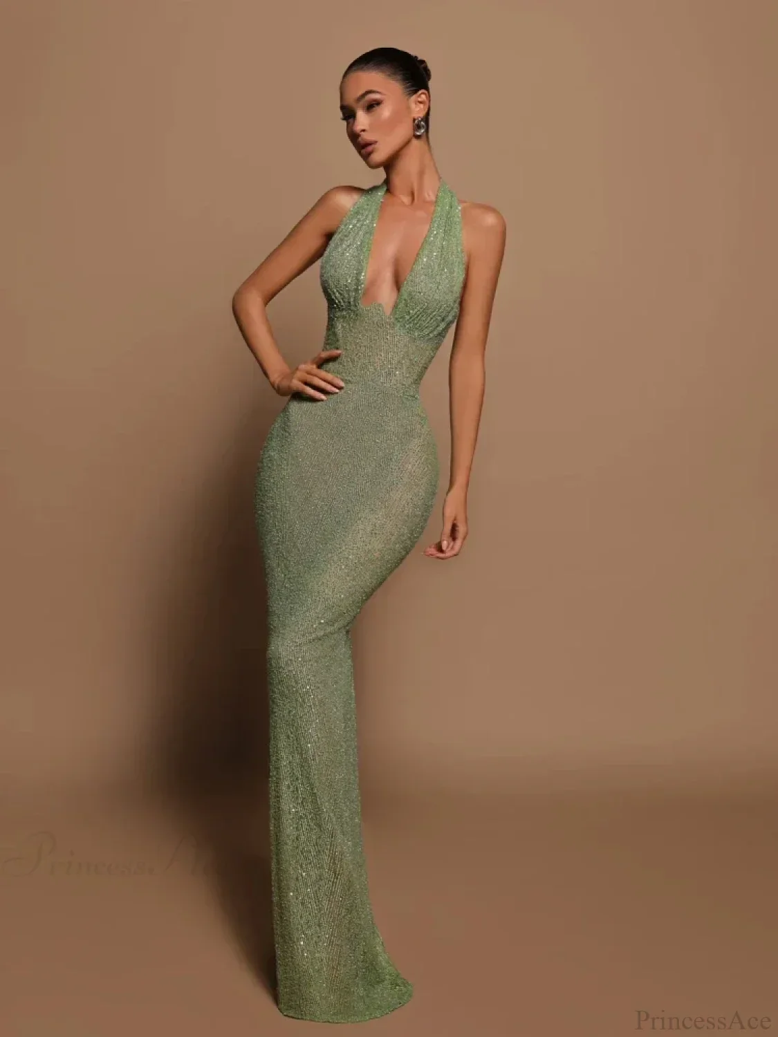 Sexy Halter Deep V Neck Sequins Green Sleeveless Backless Celebrity Party Dress - Image 2