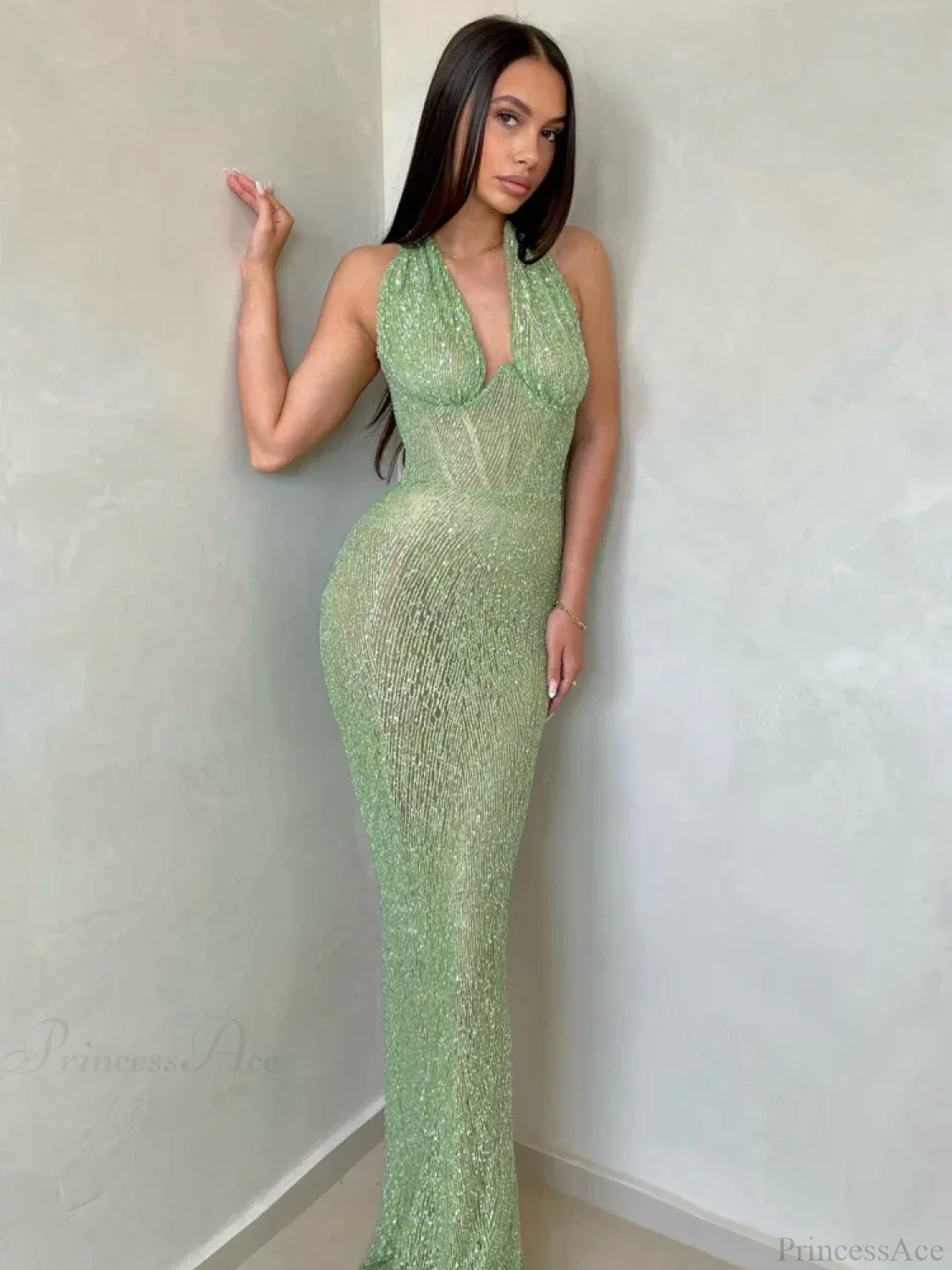 Sexy Halter Deep V Neck Sequins Green Sleeveless Backless Celebrity Party Dress - Image 5