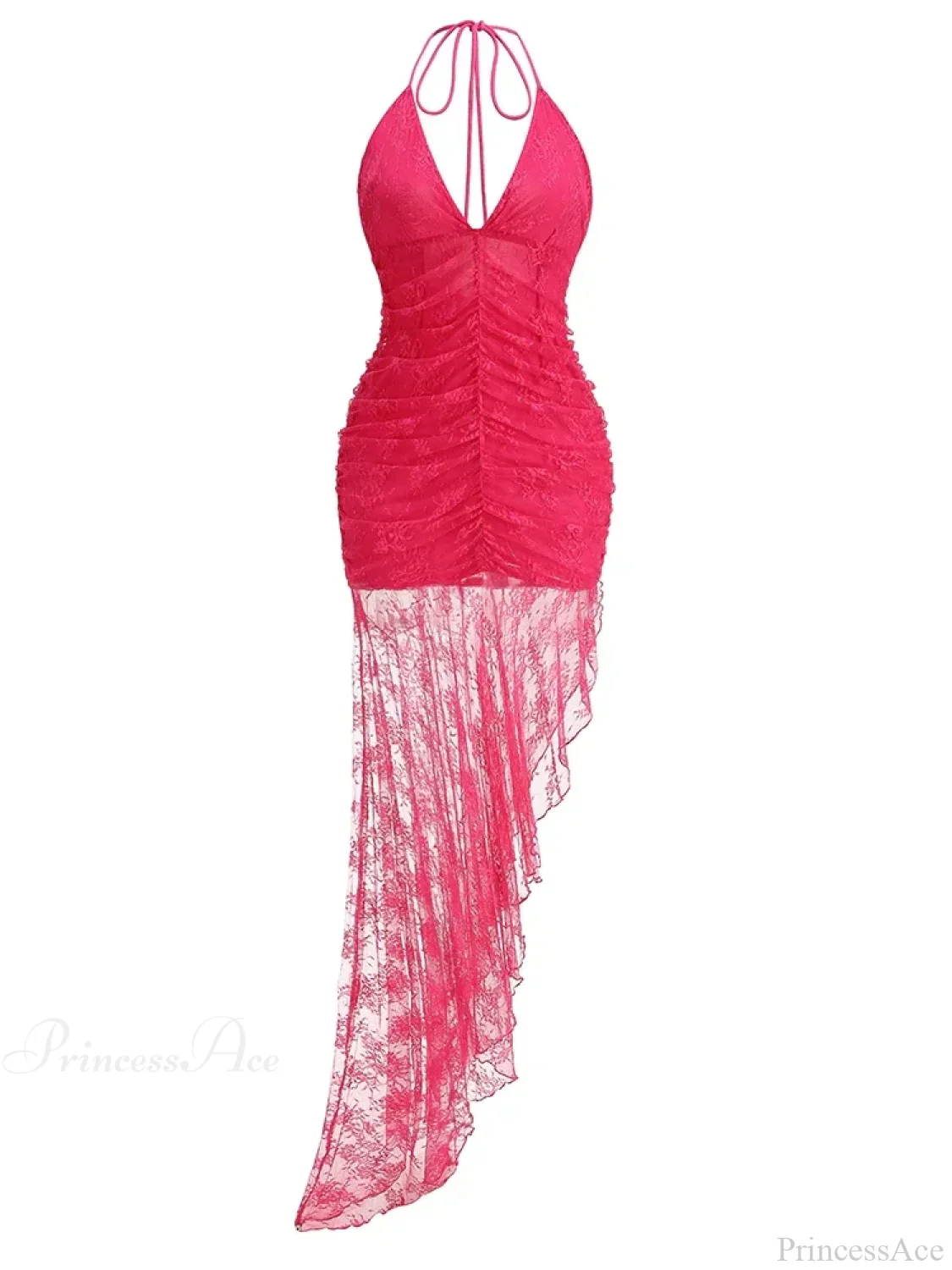 Sexy Halter Lace-up Deep V Neck Lace Ruffles Rose Red Party Dress - Image 8