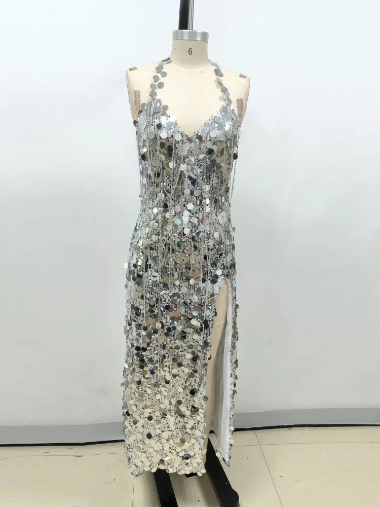Sexy Halter Lace-up V Neck Shiny Sequins Backless Silver Party Dress - Image 7