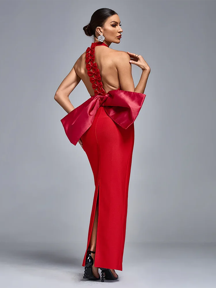 Sexy Halter Neck Backless Bow Design Red Sleeveless Bodycon Party Dress - Image 3