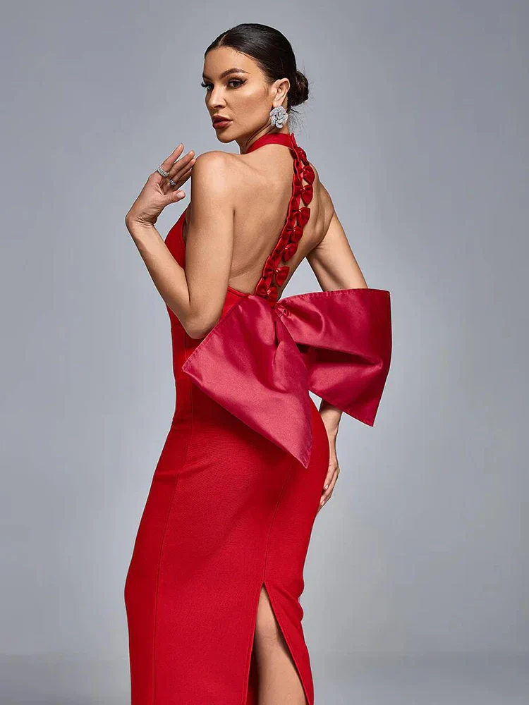 Sexy Halter Neck Backless Bow Design Red Sleeveless Bodycon Party Dress - Image 4