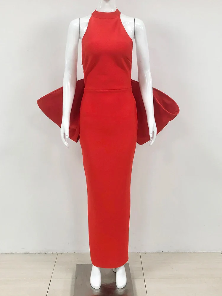 Sexy Halter Neck Backless Bow Design Red Sleeveless Bodycon Party Dress - Image 5