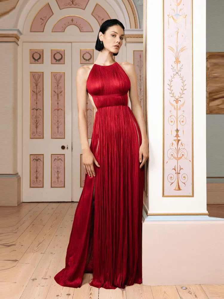 Sexy Halter Neck Chain Pleated High Split Long Dress Backless Party Dress