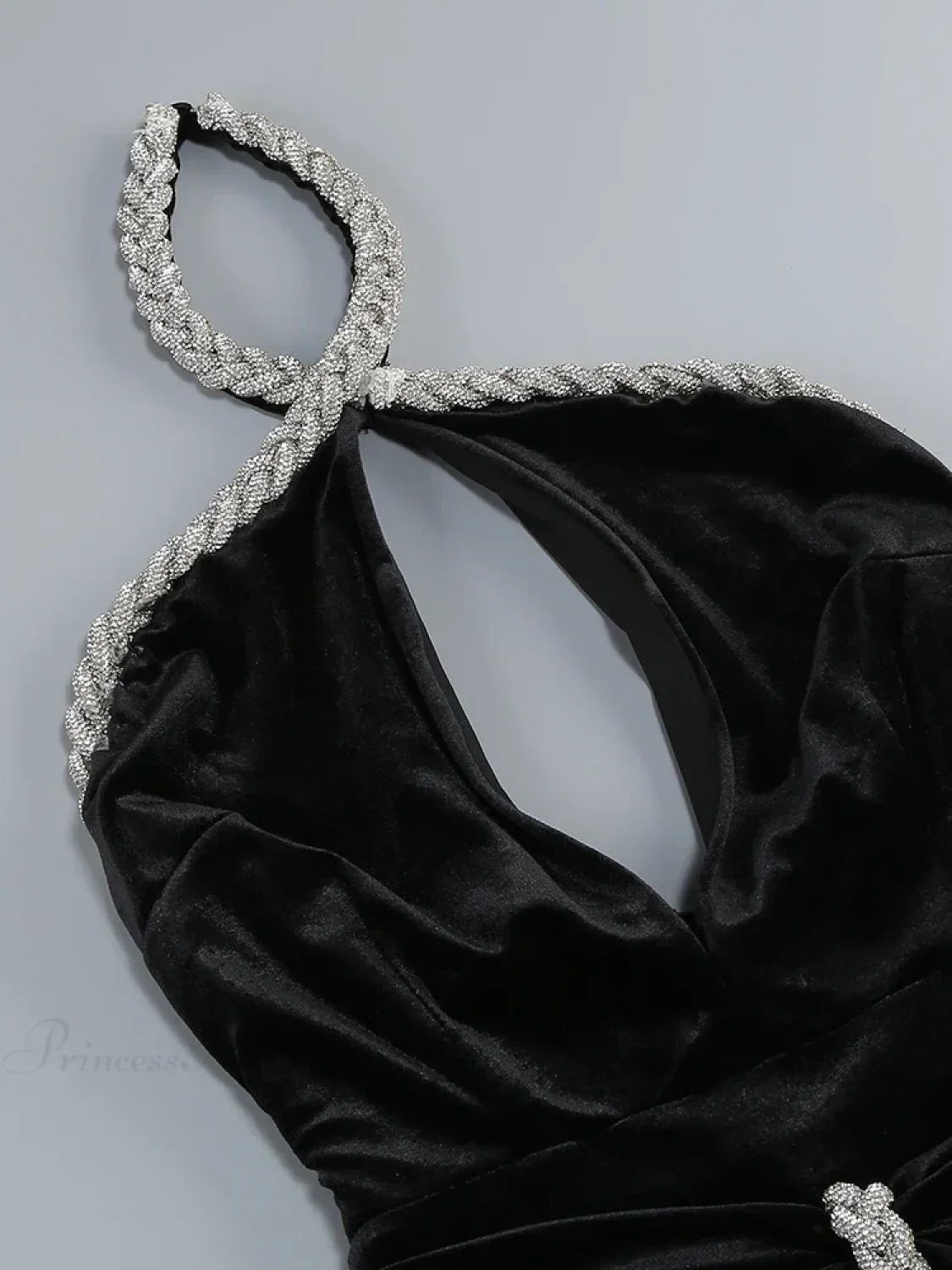 Sexy Halter Neck Diamonds Chain Hollow Out Black Velvet Sleeveless Party Dress - Image 6