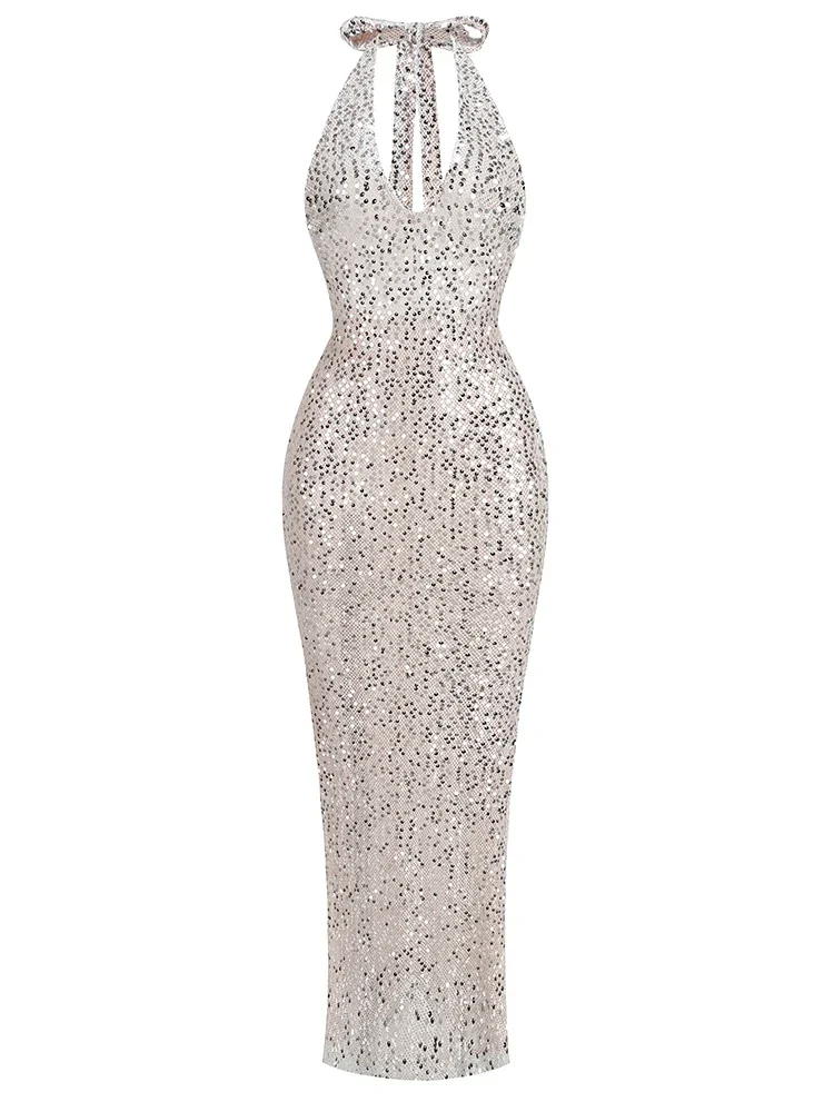 Sexy Halter Neck Lace-up Sparkly Sequins Silver Black Backless Party Dress - Image 8