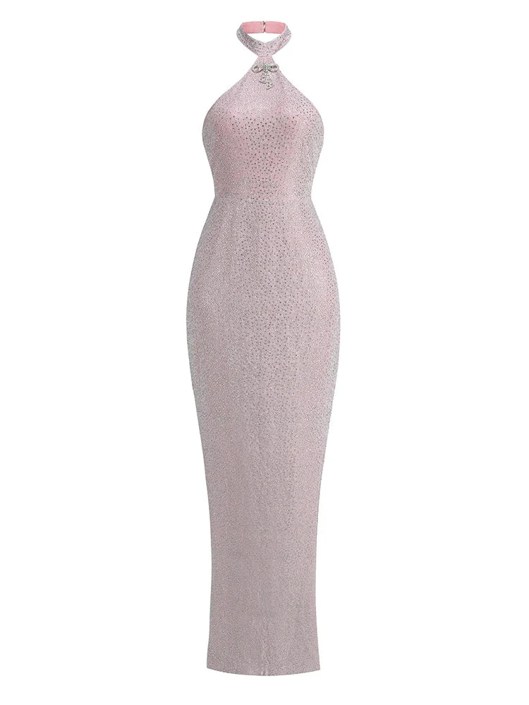 Sexy Halter Neck Shiny Diamonds Bow Maxi Dress Backless Party Dress - Image 3