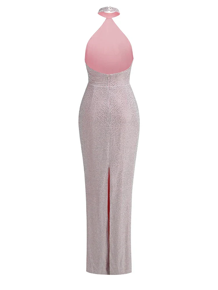 Sexy Halter Neck Shiny Diamonds Bow Maxi Dress Backless Party Dress - Image 4