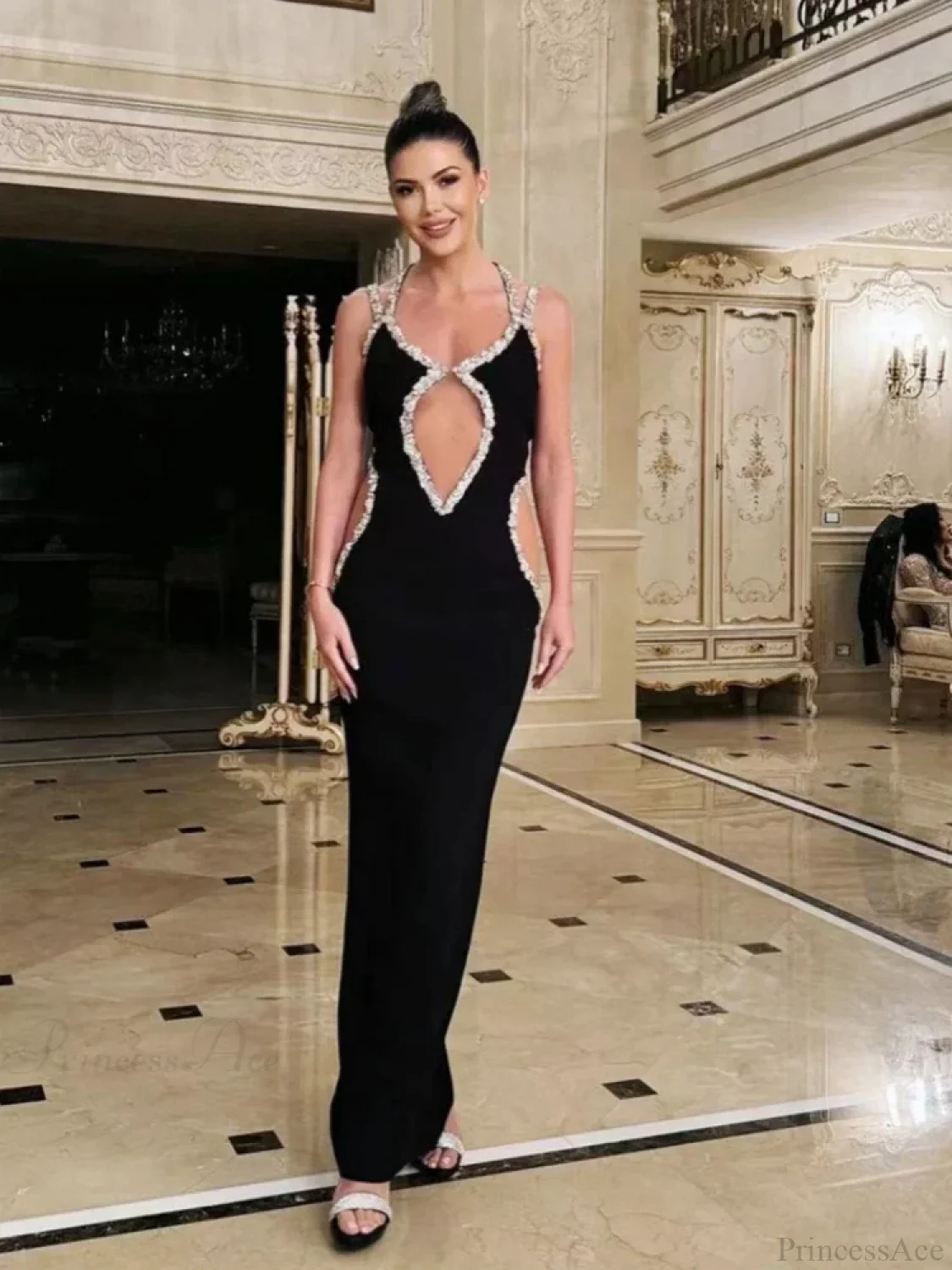 Sexy Halter Neck Sling Hollow Out Crystal Bandage Dress Long Party Dress - Image 5