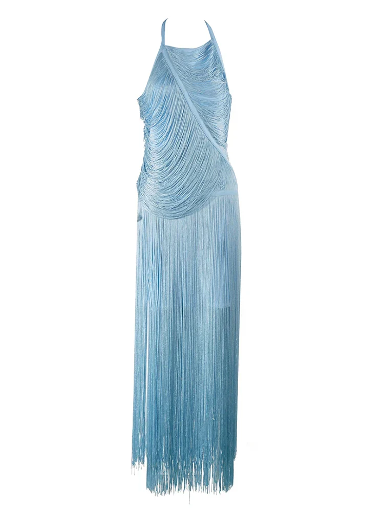 Sexy Halter Sleeveless Tassel Patchwork Bandage Dress Backless Fringe Party Dress - Image 7