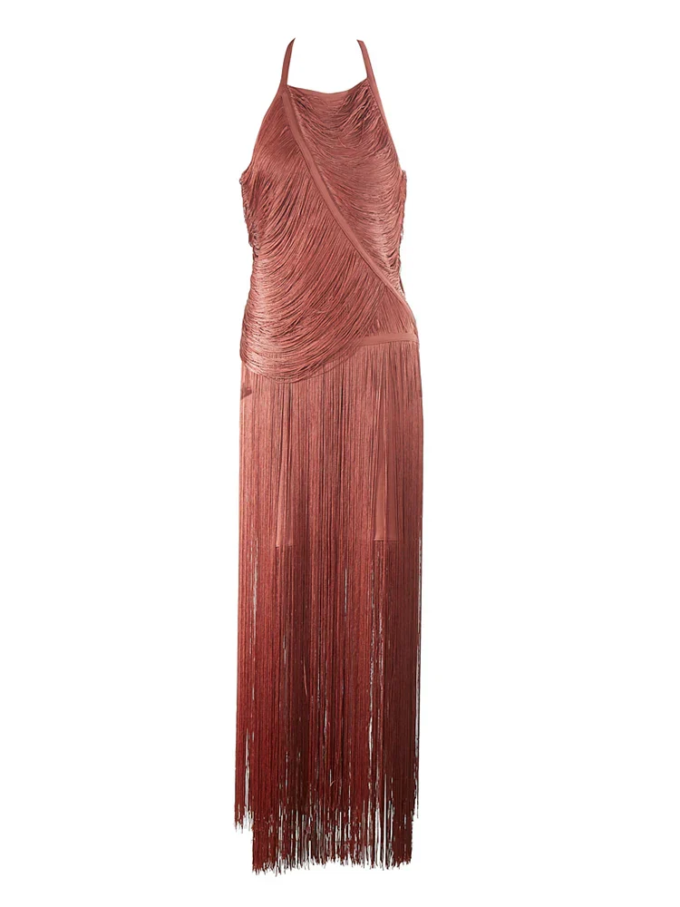 Sexy Halter Sleeveless Tassel Patchwork Bandage Dress Backless Fringe Party Dress - Image 8