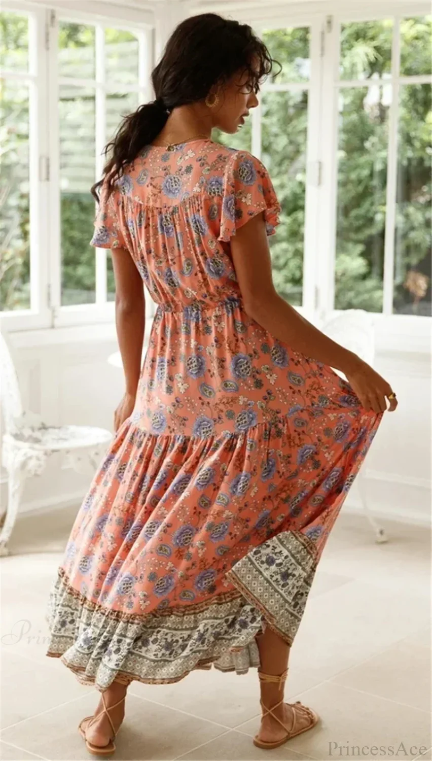 Sexy High Split Flare Sleeve Rayon Cotton Boho Dress - Image 3