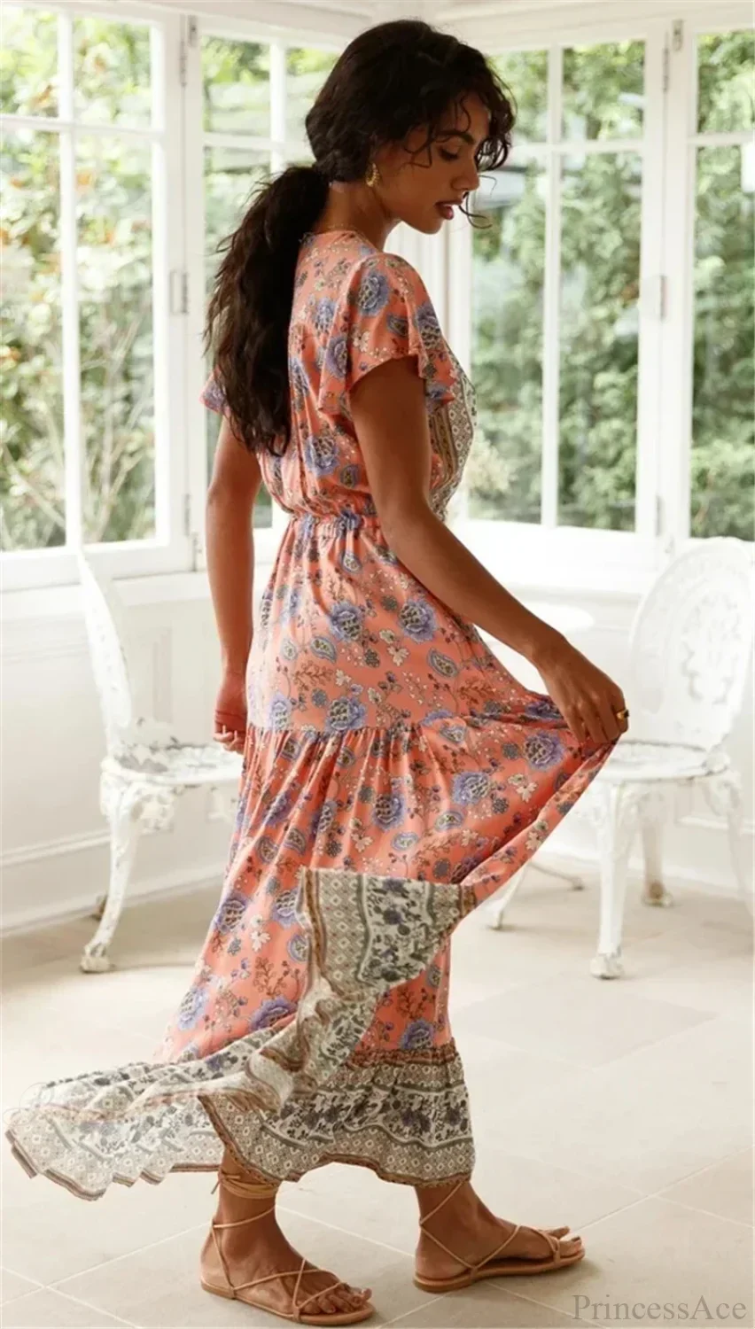Sexy High Split Flare Sleeve Rayon Cotton Boho Dress - Image 4