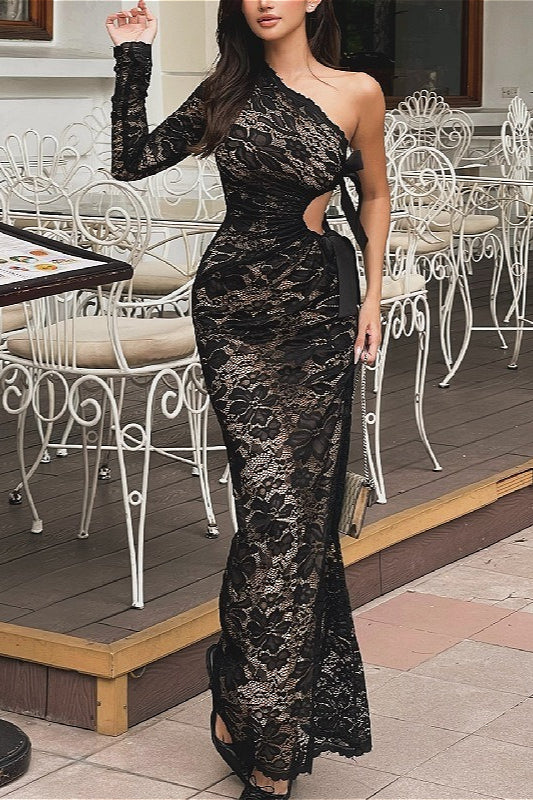 Sexy Lace One-Shoulder Bow Maxi Dress - Image 10