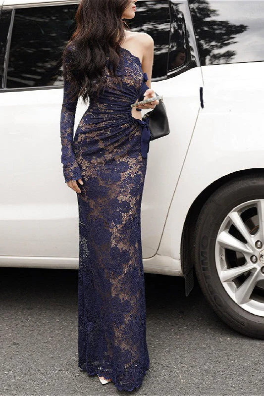 Sexy Lace One-Shoulder Bow Maxi Dress - Image 8