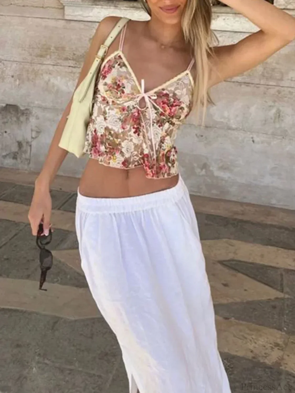 Lace Sheer Floral V Neck Crop Top - Image 2