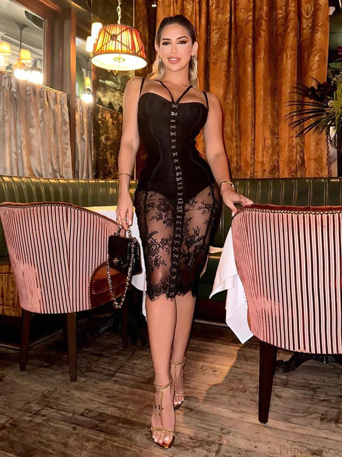 Sexy Lace Two-Piece Black Sleeveless Hook-Front See Through Evening Party Dress