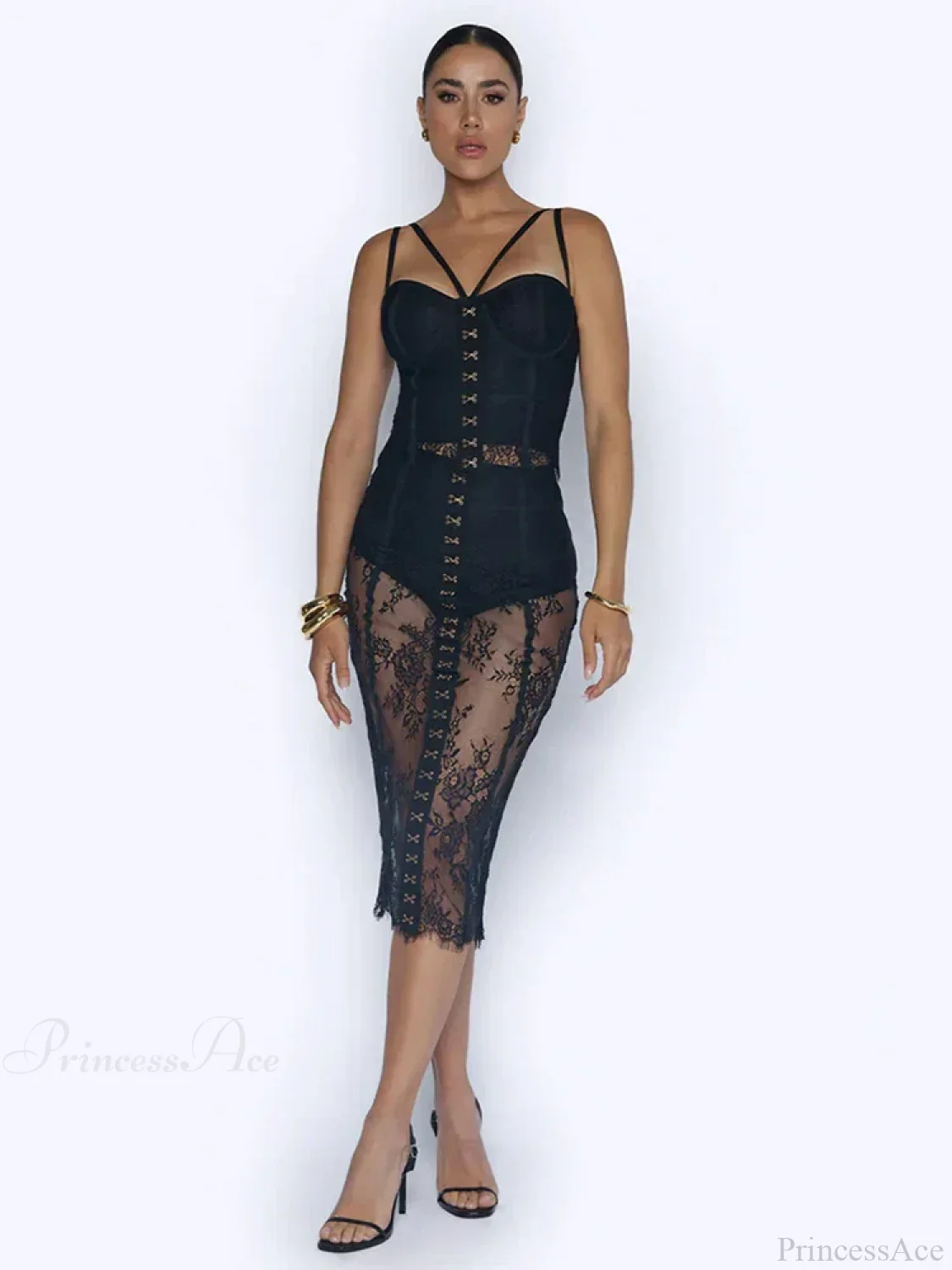 Sexy Lace Two-Piece Black Sleeveless Hook-Front See Through Evening Party Dress - Image 5