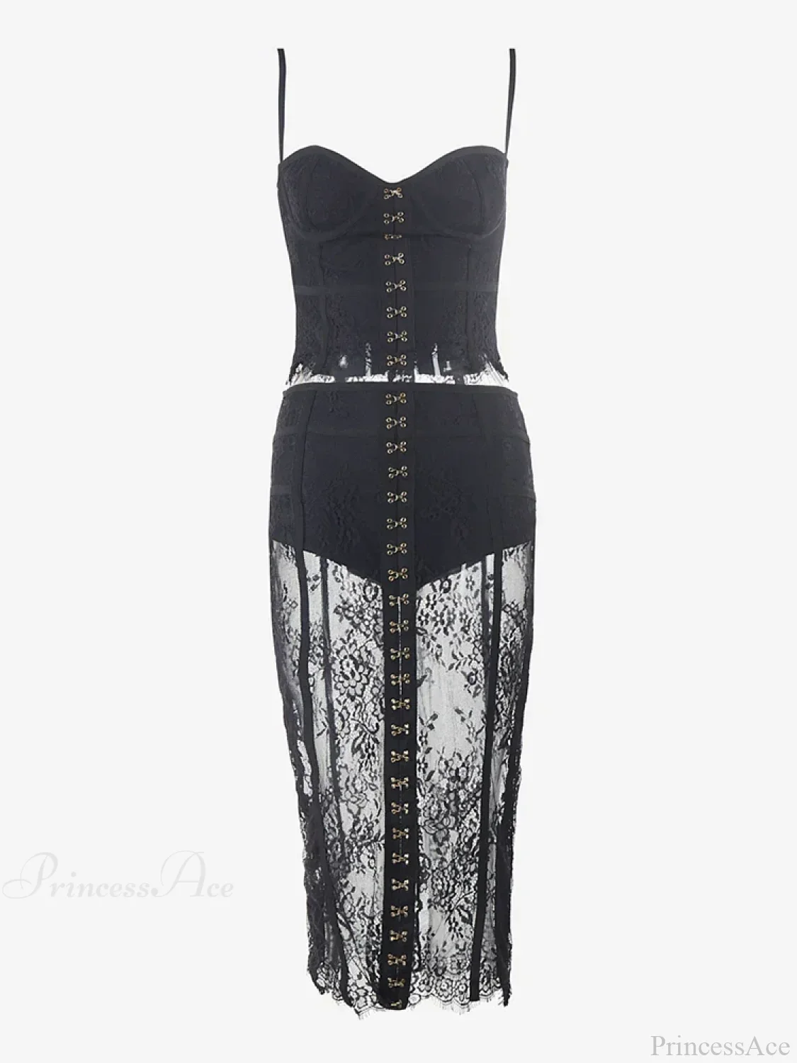 Sexy Lace Two-Piece Black Sleeveless Hook-Front See Through Evening Party Dress - Image 7