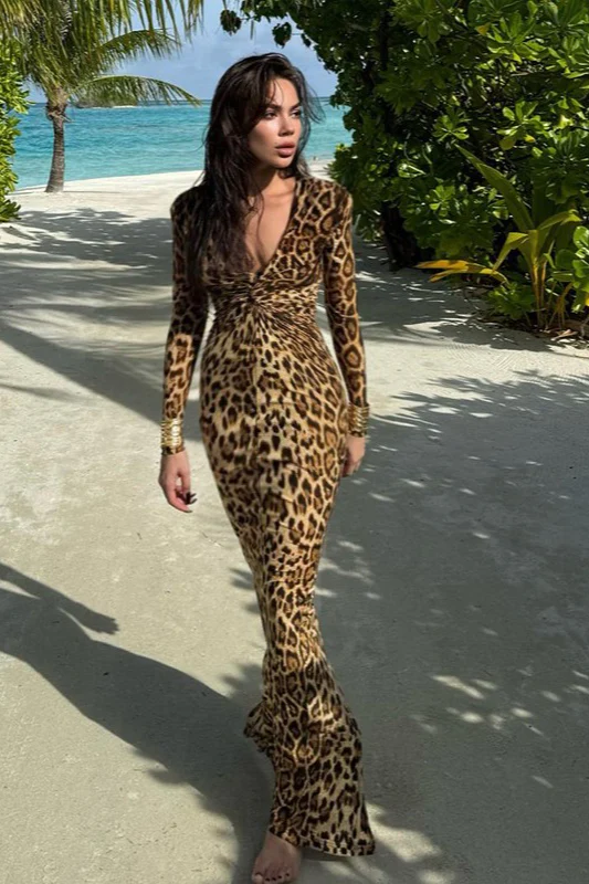 Sexy Leopard Print Knot Long Sleeve Maxi Dress
